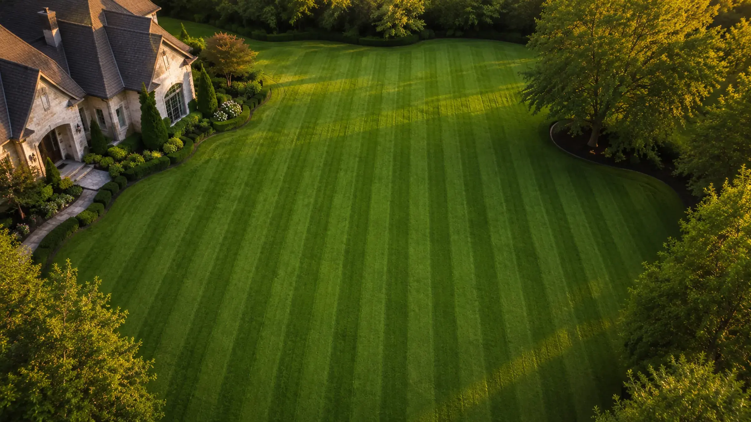 Aerial view of a professionally striped Georgia lawn at golden hour