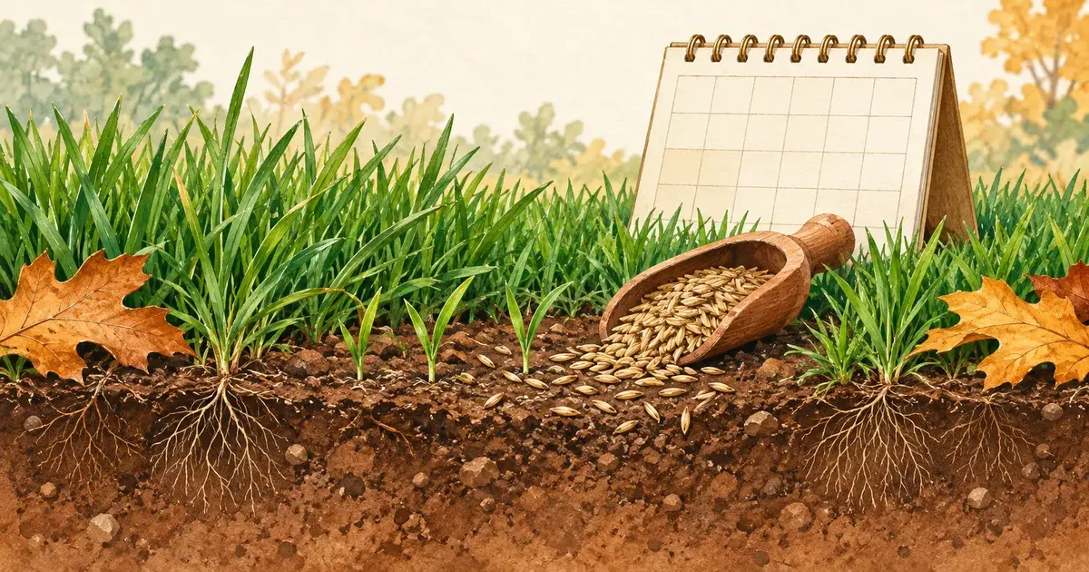 Editorial illustration of grass, seedlings, a seed scoop, and an autumn lawn-care calendar.
